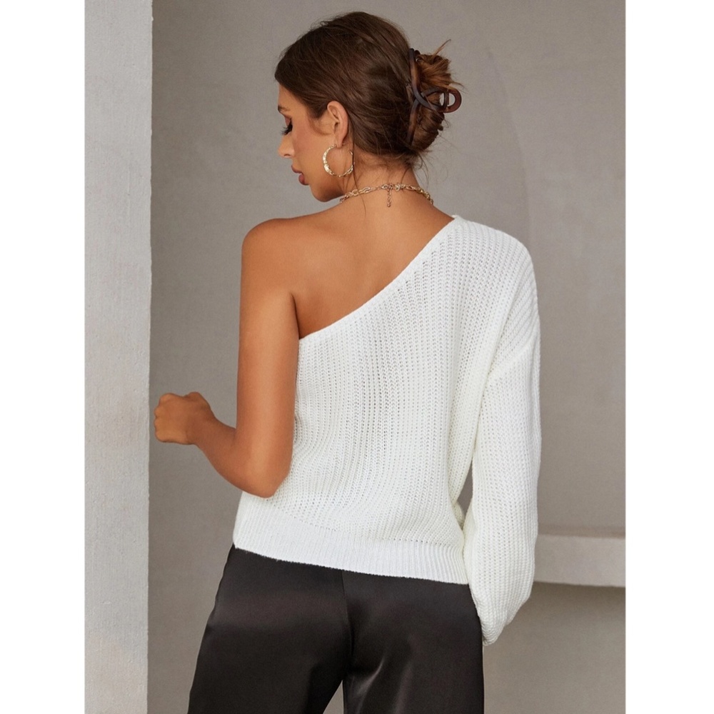 Cable Knit White One Shoulder Lantern Long Sleeve Pullover Sweater - Picture 5 of 7